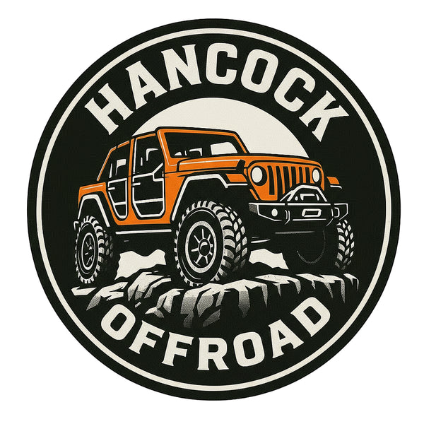 Logo for Hancock Offroad with an orange off-road Jeep on a beige background